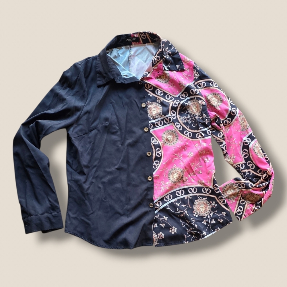 Womens Two-Tone Black and Pink Patterned Button-Up Blouse Medusa Graphic